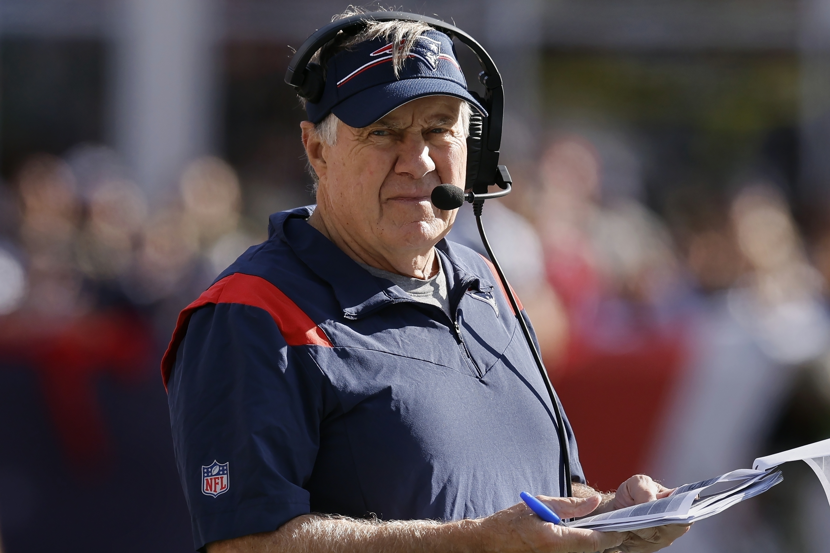 FILE - Then-New England Patriots head coach Bill Belichick during the second half of an NFL football game against the New Orleans Saints, Sunday, Oct. 8, 2023, in Foxborough, Mass. (AP Photo/Michael Dwyer, File)